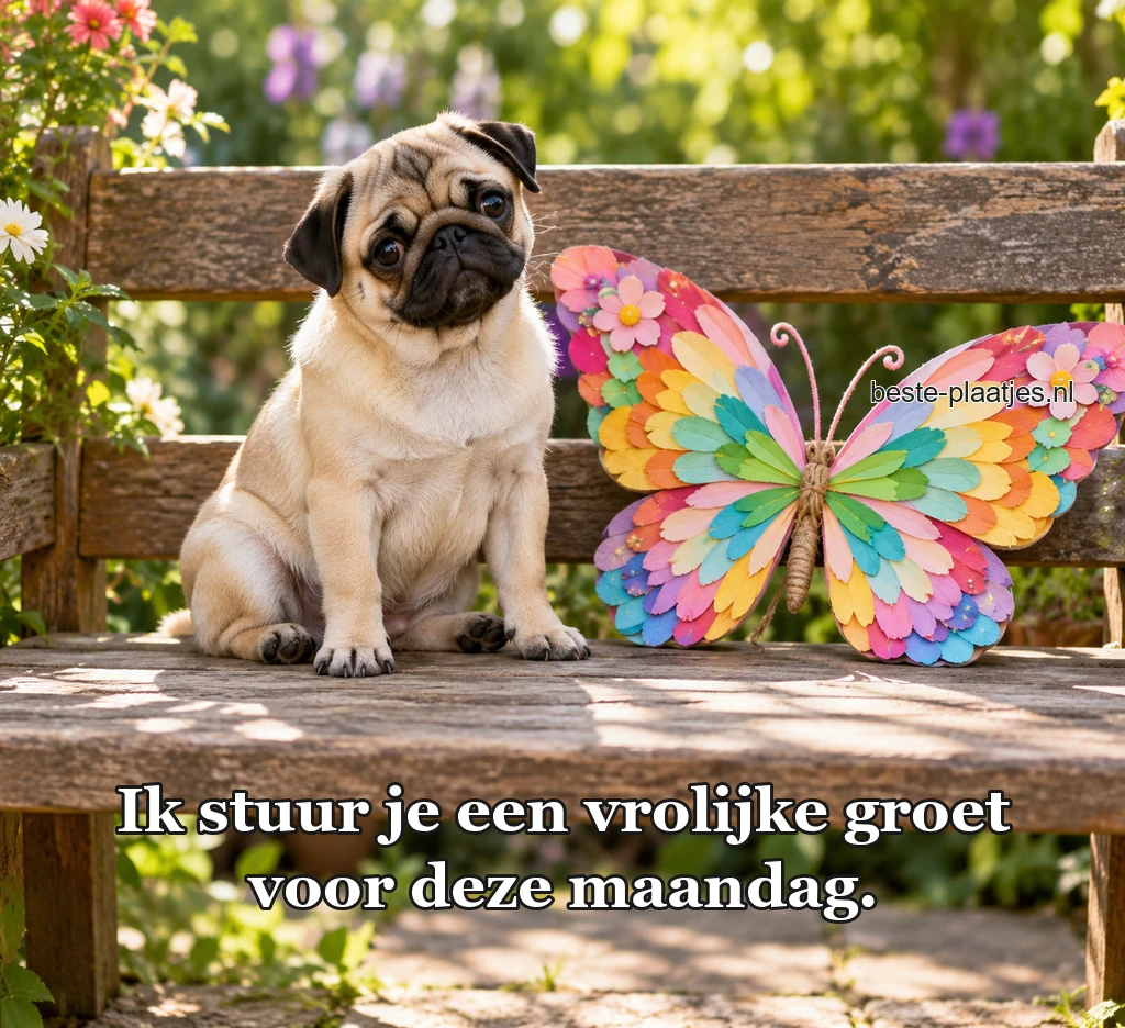 Een kleine mopshond zit naast kleurrijke vlindervleugels van papier. Een kleine mopshond zit naast kleurrijke vlindervleugels van papier.