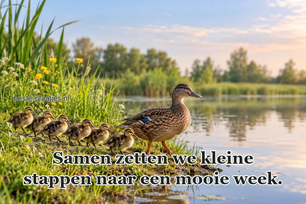 Een rij eendenkuikens volgt hun moeder langs een vijver. Een rij eendenkuikens volgt hun moeder langs een vijver.