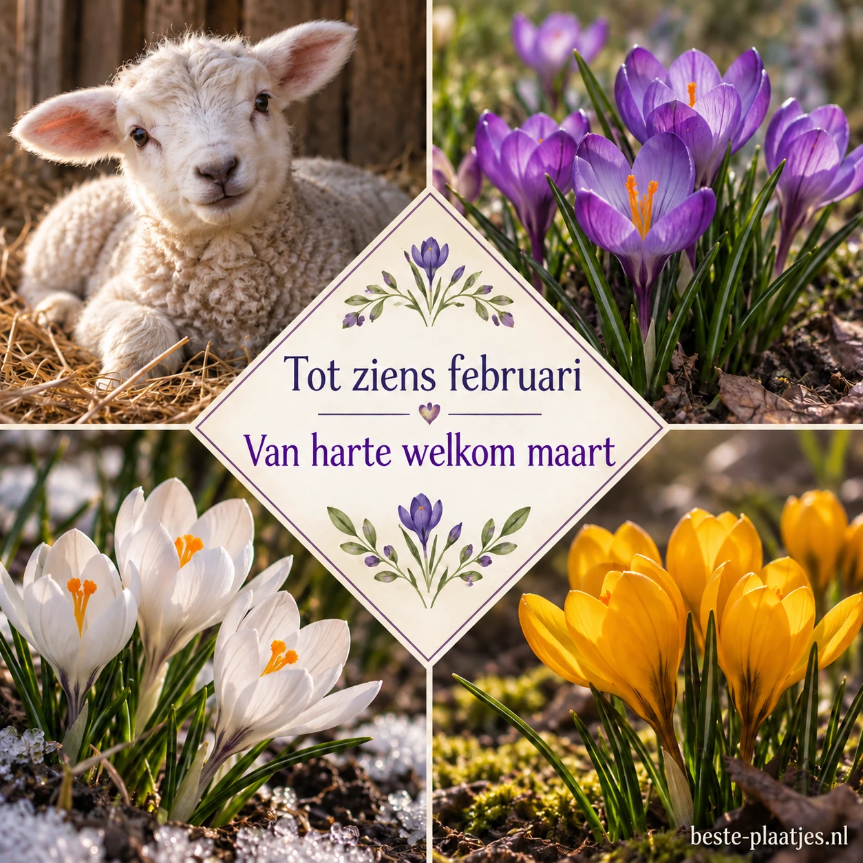 Een lammetje en verschillende krokussen vormen een frisse lentecollage.