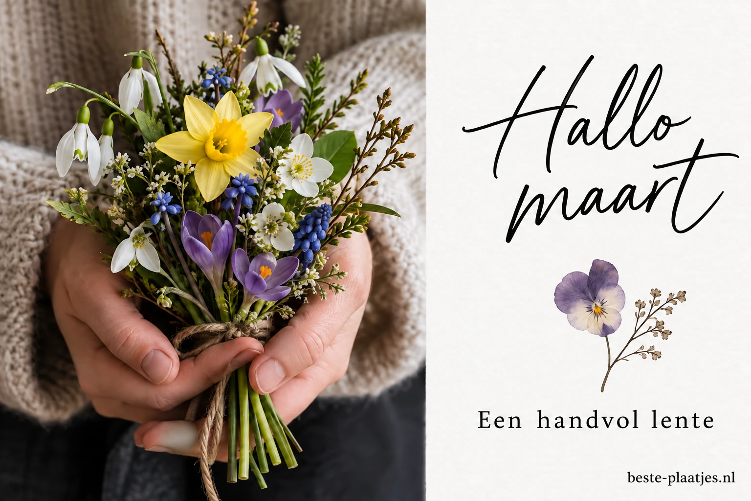 Een hand houdt een klein kleurrijk boeket lentebloemen vast.