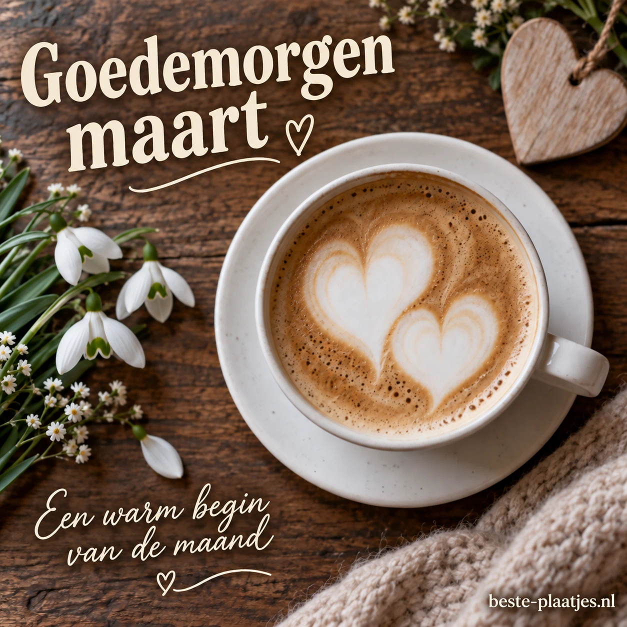 Een kop cappuccino met twee hartjes van melkschuim staat op een donkere tafel.