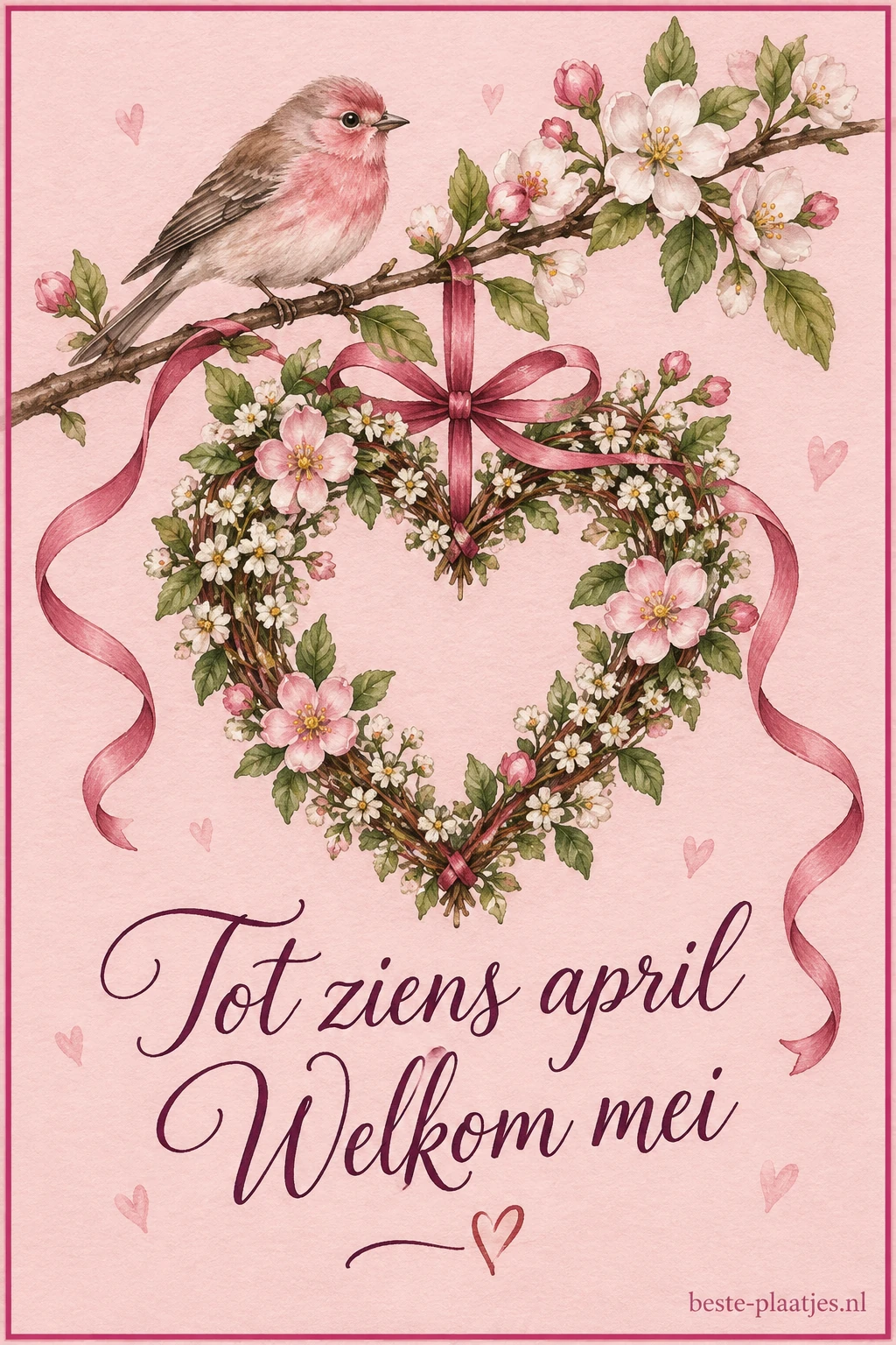 Een roze vogel zit boven een bloemenhart op een zachtroze geschilderde kaart.