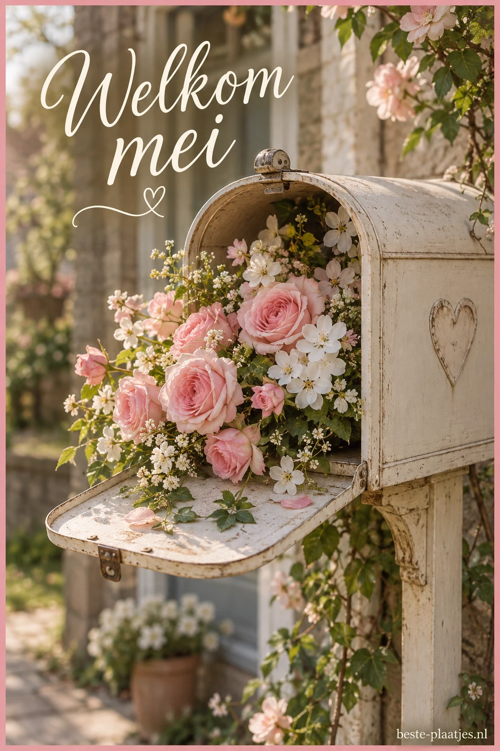 Een oude witte brievenbus staat open en is gevuld met roze rozen en voorjaarsbloemen.