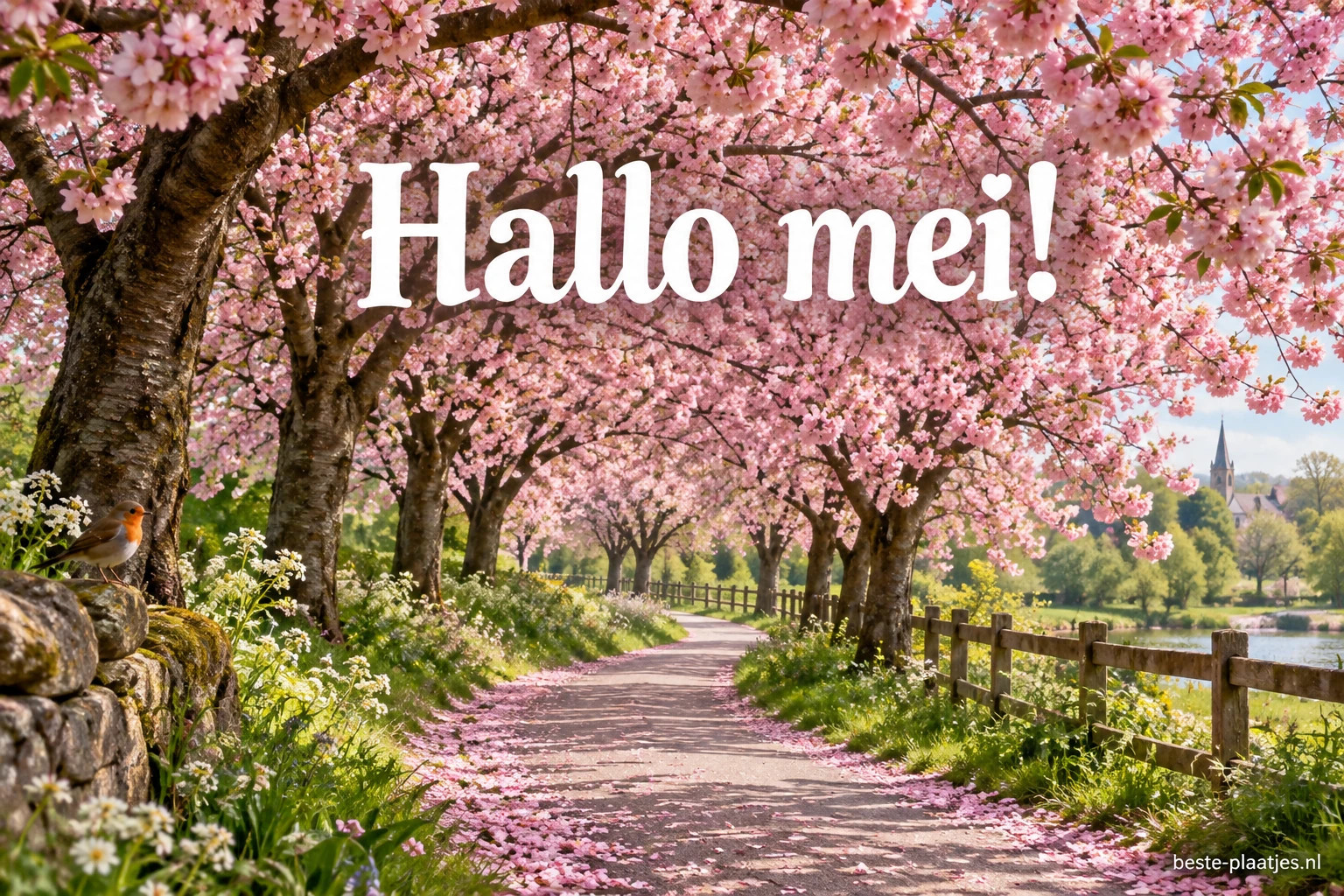 Een kronkelend pad loopt onder een laan vol roze bloeiende bomen.