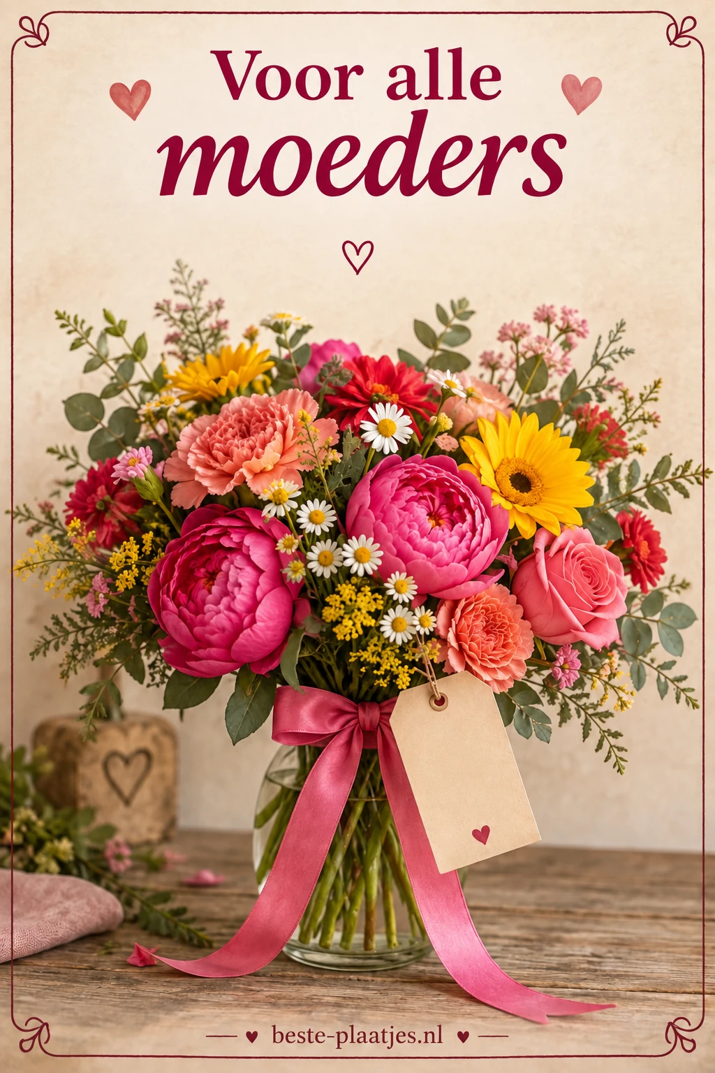 Een kleurig boeket met roze en gele bloemen is vastgebonden met een lint.
