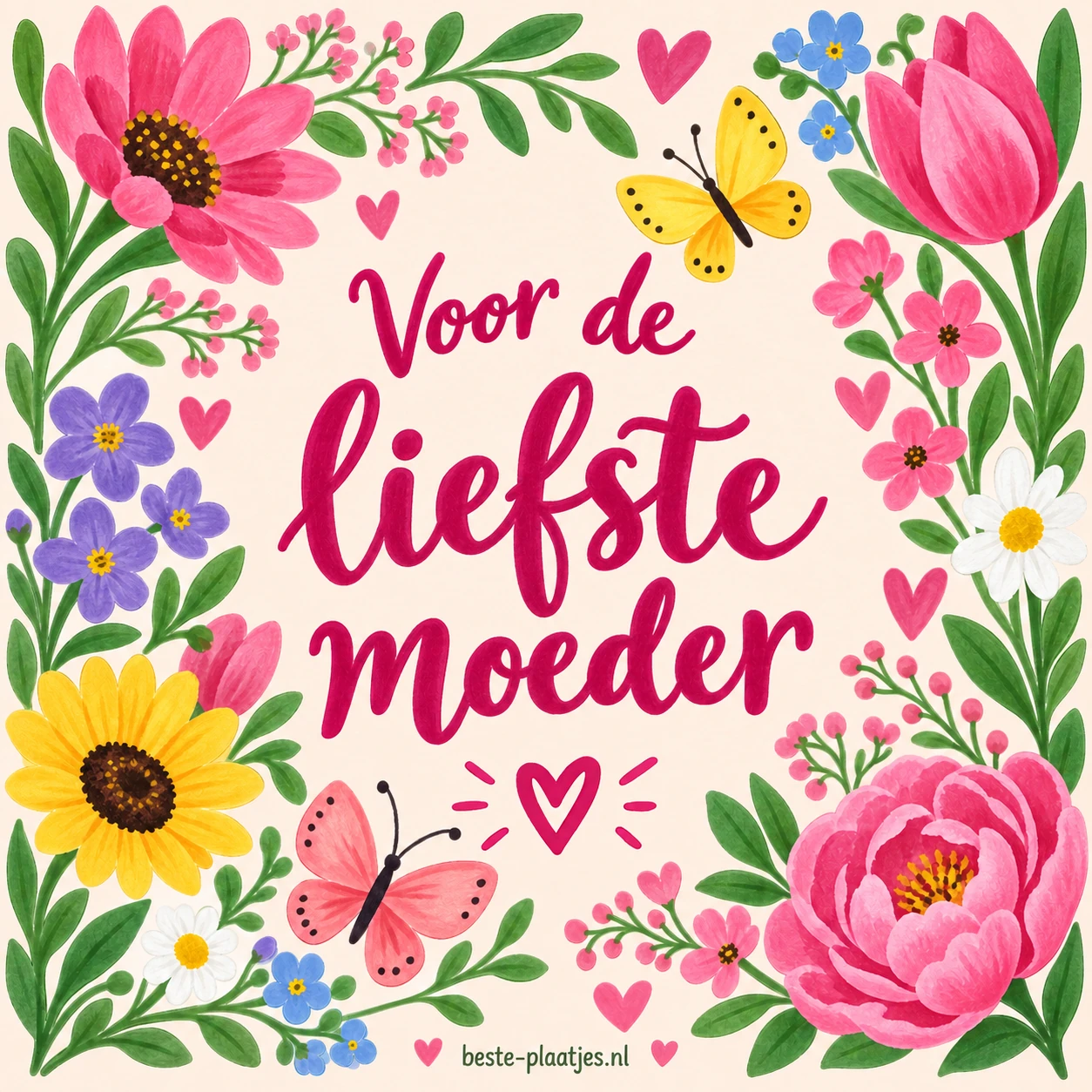 Geschilderde bloemen en vlinders vormen een kleurige rand rond de tekst.