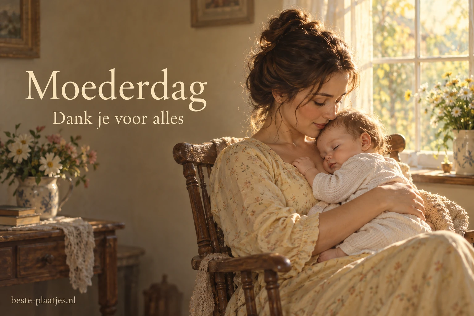 Een moeder houdt een slapende baby vast bij een zonnig raam.