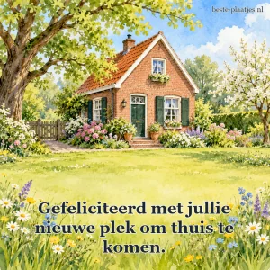 Een warm bakstenen huis staat tussen wilde bloemen.