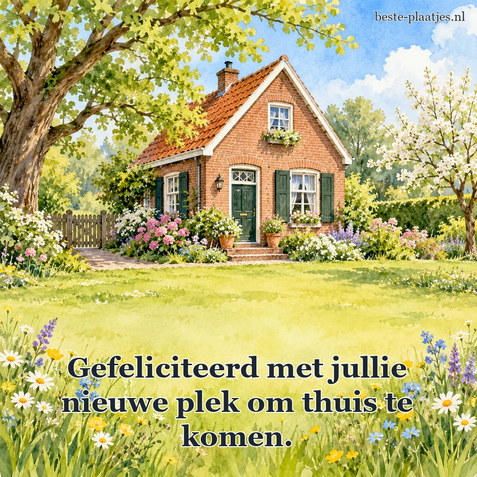 Een warm bakstenen huis staat tussen wilde bloemen.