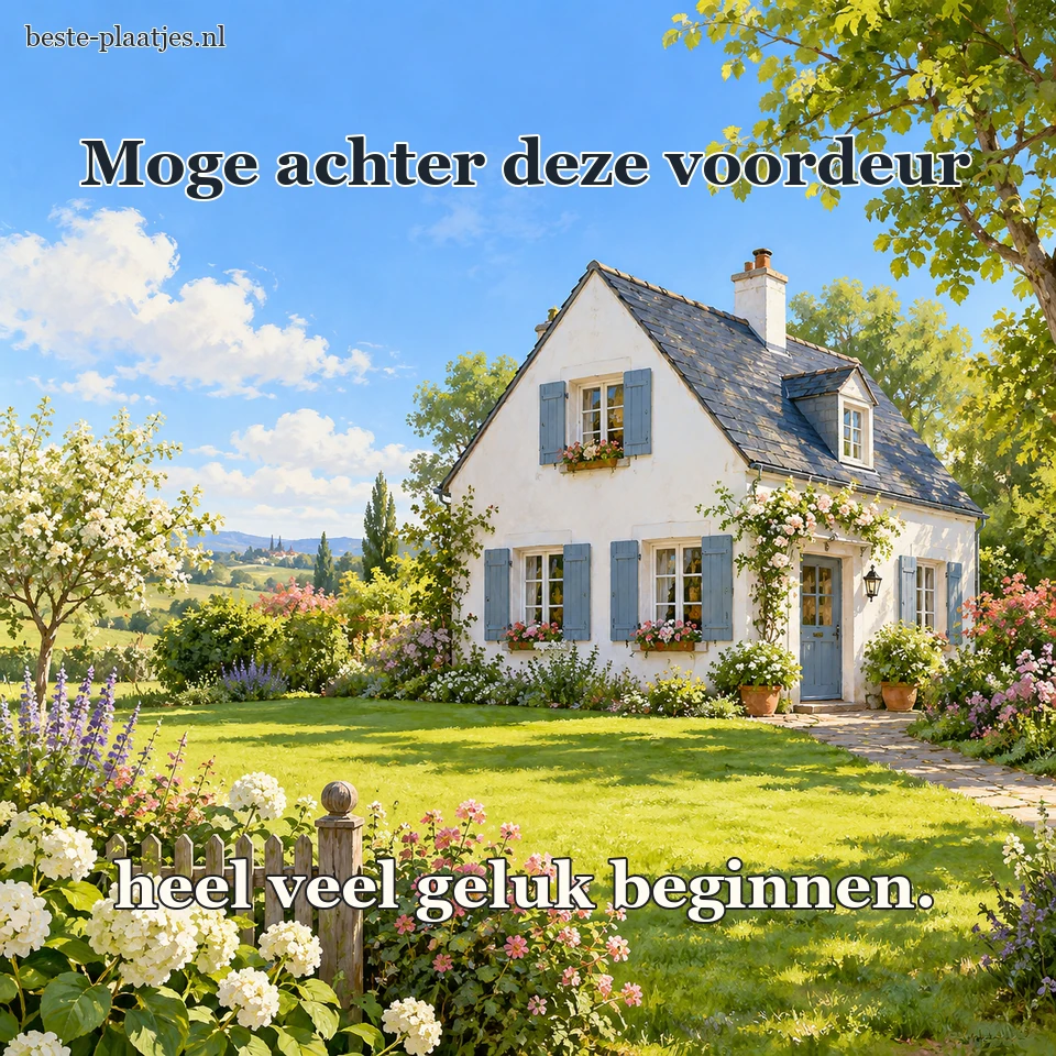 Een wit huis met blauwe luiken staat in een groene tuin.