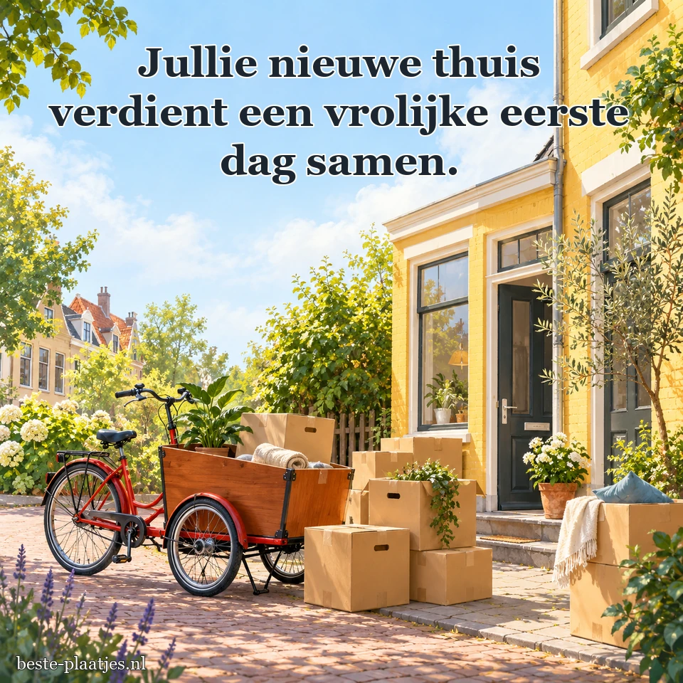 Verhuisdozen staan naast een rode bakfiets voor het huis.