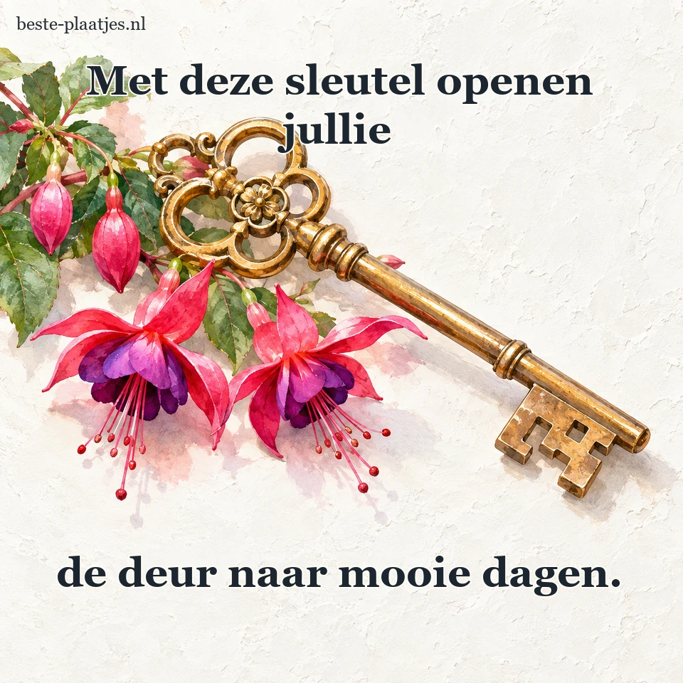 Een oude messing sleutel ligt naast frisse bloemen.