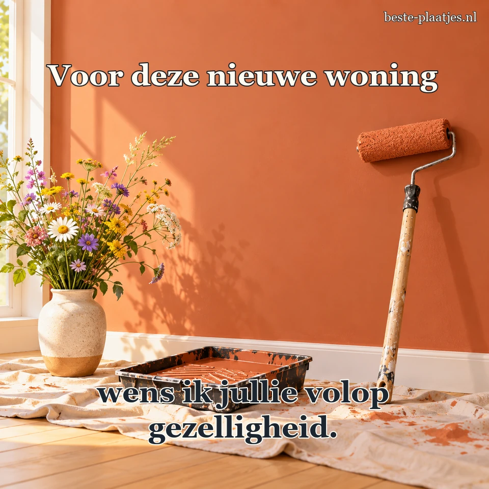 Een verfroller en frisse bloemen staan bij een muur.