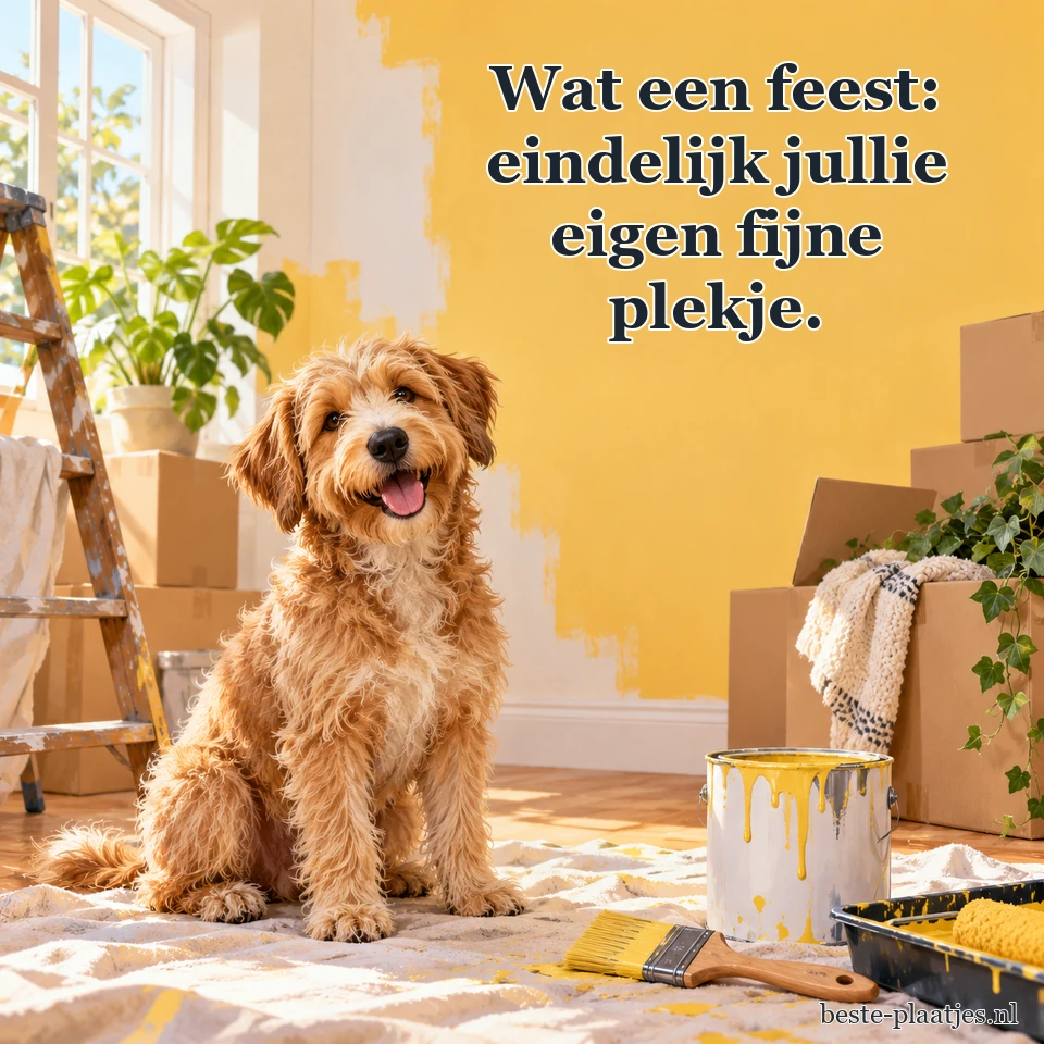 Een vrolijke hond zit met een verfkwast bij verhuisdozen.