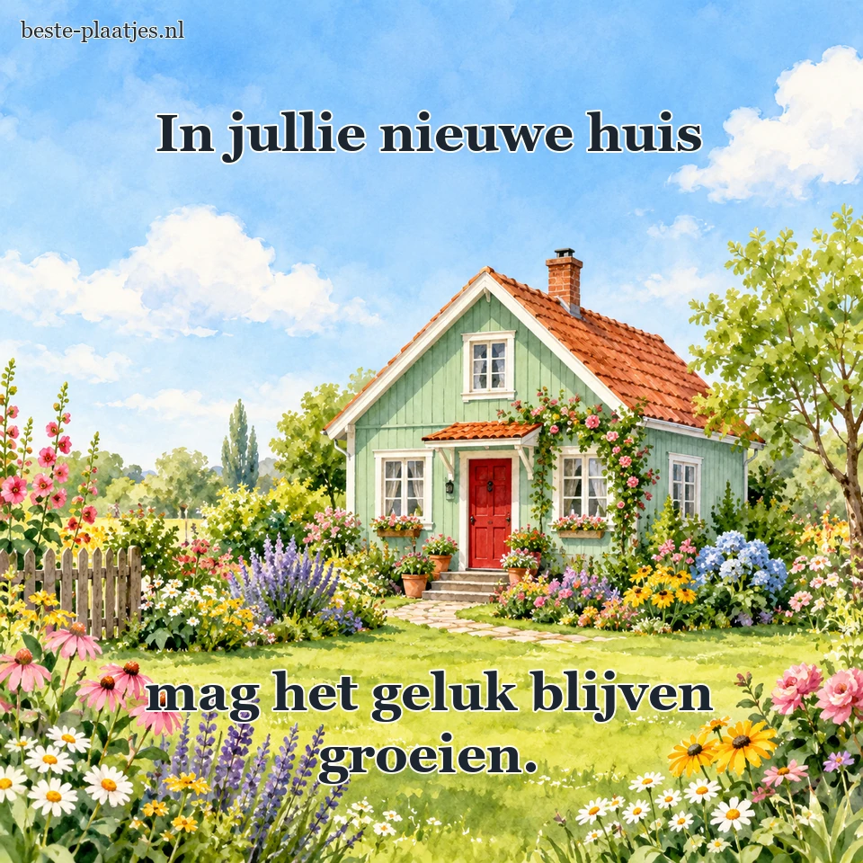 Een huisje met bloemrijke tuin staat onder heldere lucht.