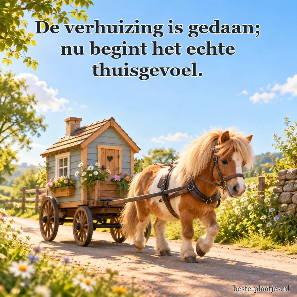 Een pony trekt een kar met een houten huisje.