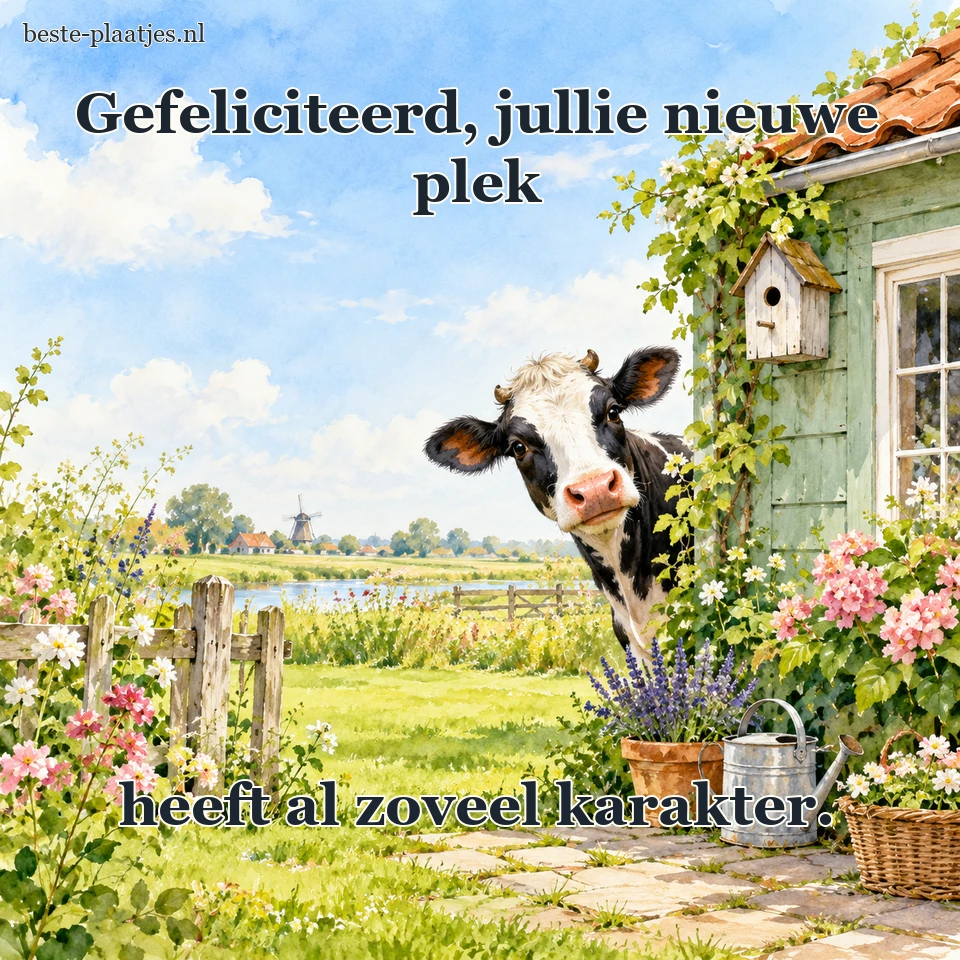 Een koe kijkt nieuwsgierig naast een nieuw tuinhuis.