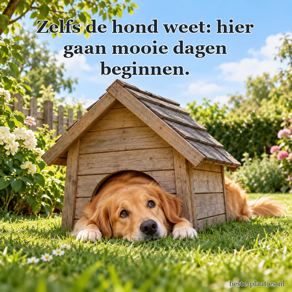 Een hond gluurt onder een houten hondenhok uit.