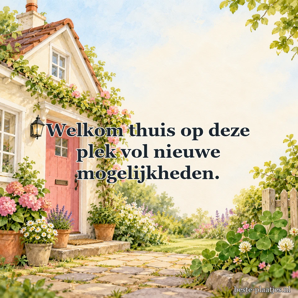 Een huis met roze deur heeft bloemen en klavertjes.