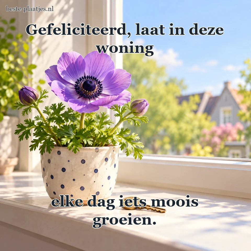 Een paarse bloem in een gestippelde pot staat naast een sleutel.