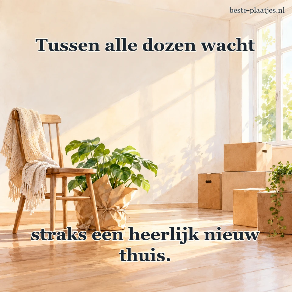 Een houten stoel en verhuisdozen wachten in zonnige kamer.