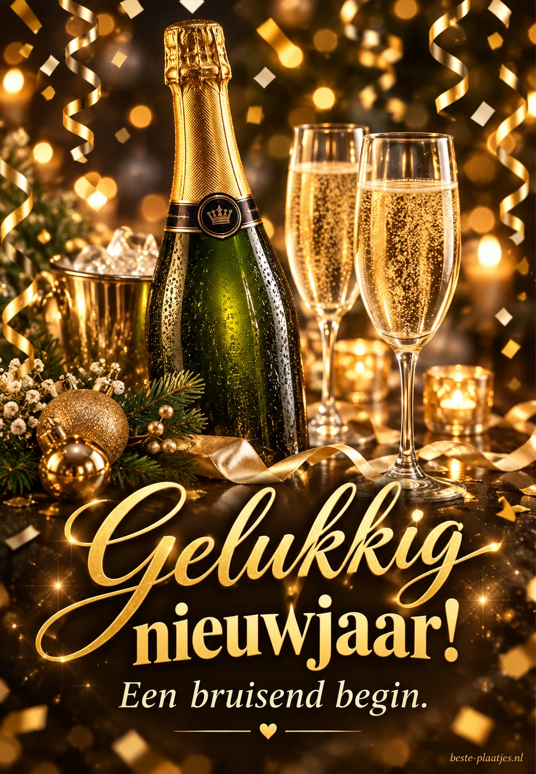 Champagne en gouden feestlicht brengen een bruisende nieuwjaarswens.
