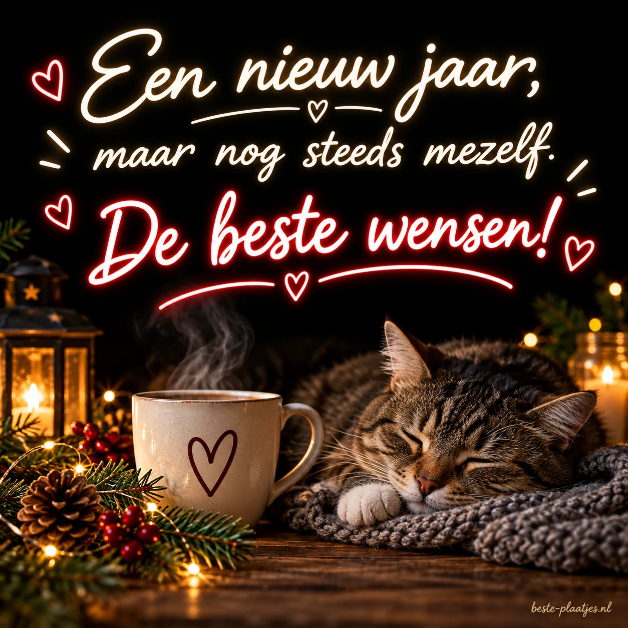 Een kaart met rode en witte letters brengt een eigenzinnige nieuwjaarsgroet.