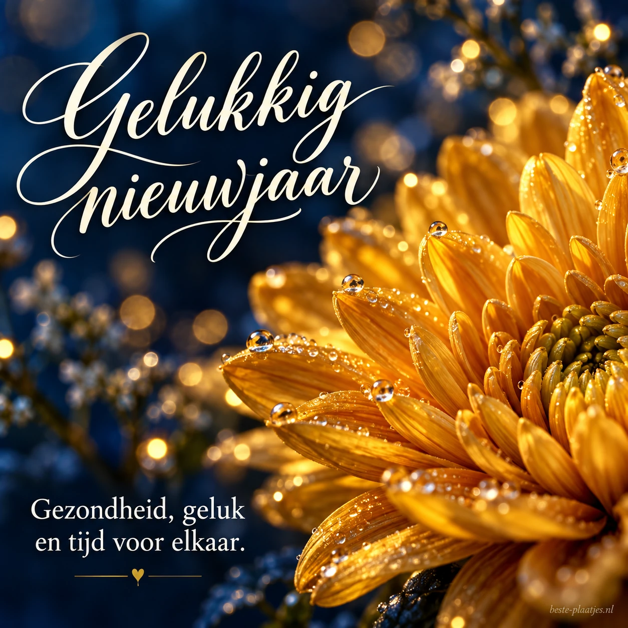 Een gouden bloem op een blauwe achtergrond brengt een wens voor gezondheid en geluk.