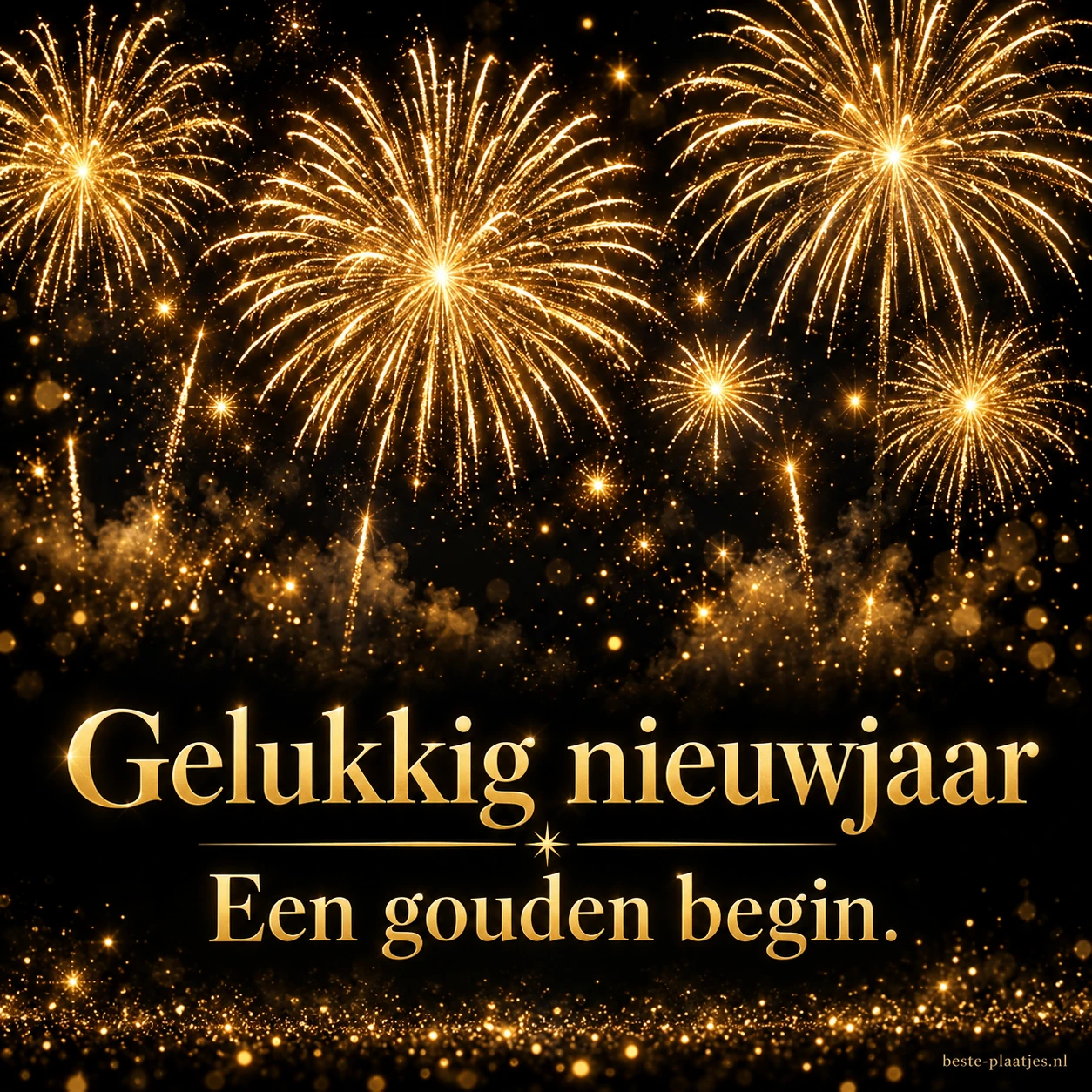 Gouden vuurwerk tegen een donkere hemel brengt een feestelijke nieuwjaarsgroet.