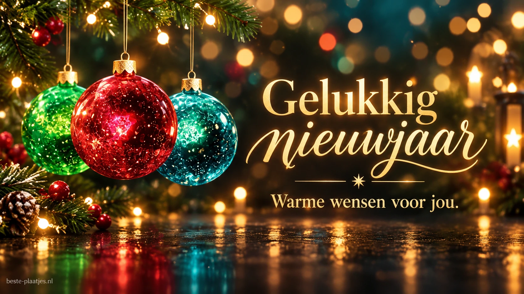 Kleurige kerstballen naast gouden letters brengen een warme nieuwjaarswens.