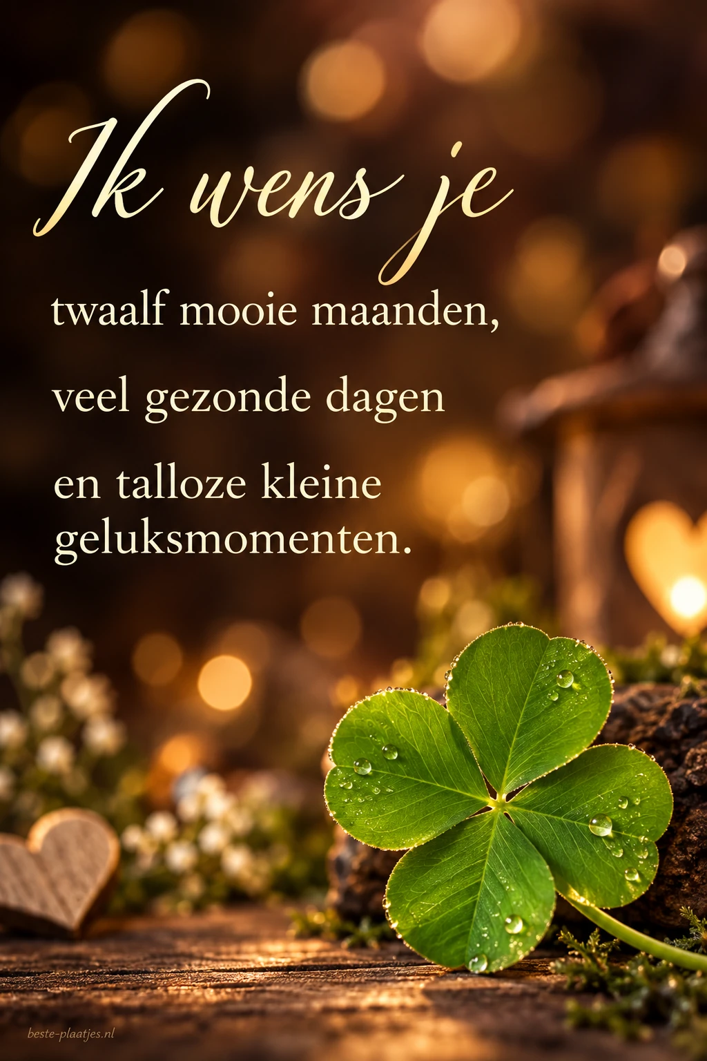 Een groen klavertje vier omlijst een wens voor mooie maanden en gezonde dagen.