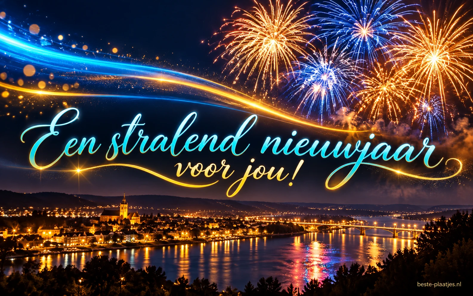 Kleurige lichtbanen en vuurwerk brengen een stralende nieuwjaarsgroet.