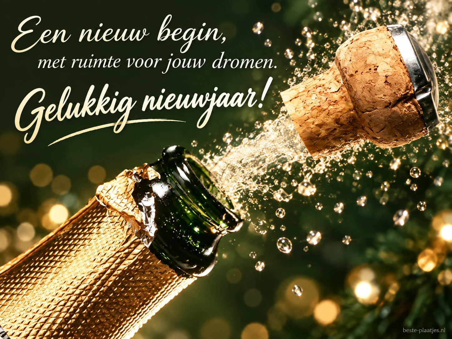 Een champagnekurk en een geopende fles symboliseren een nieuw begin.