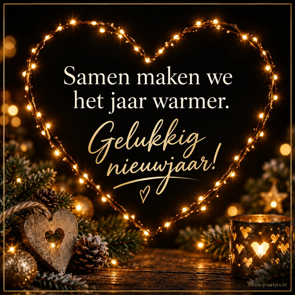 Een hart van kleine lichtjes brengt een warme nieuwjaarsgroet.