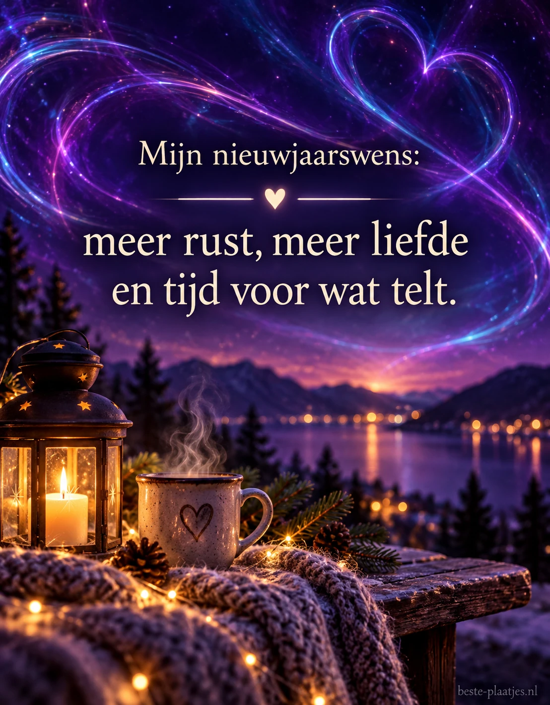 Lichtsporen in paarse en blauwe kleuren omlijsten een persoonlijke nieuwjaarswens.