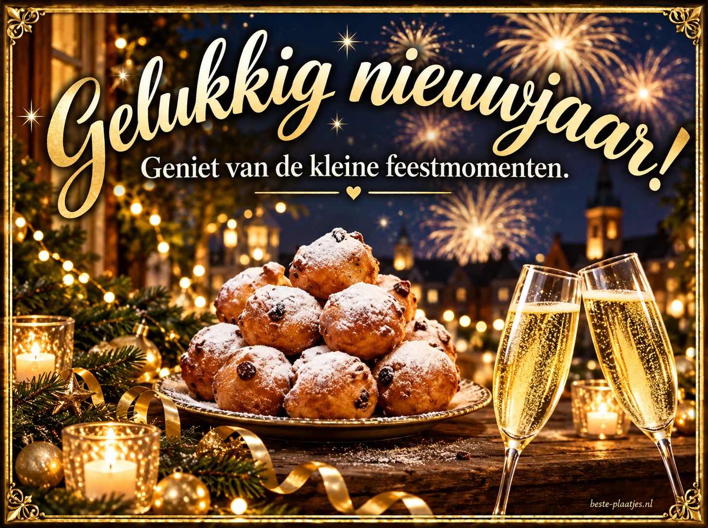 Oliebollen en champagneglazen brengen een gezellige nieuwjaarsgroet.