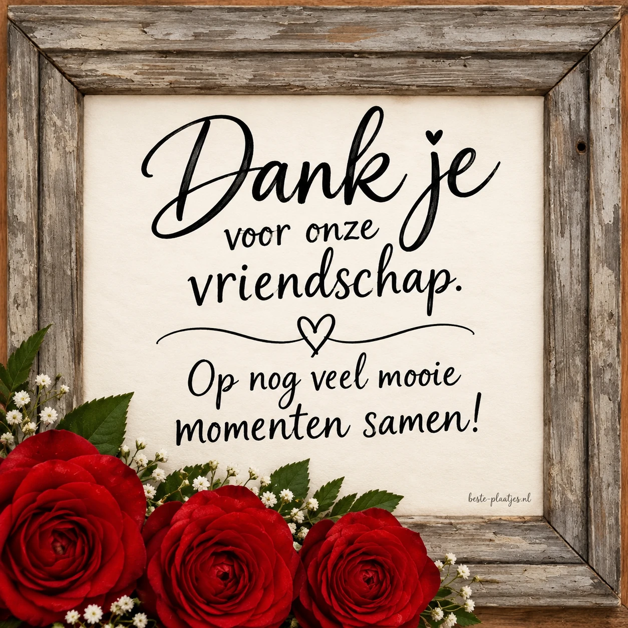 Rode rozen voor een houten lijst brengen een dankbare groet aan een vriend.
