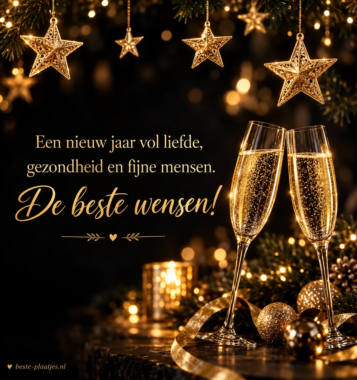 Gouden sterren en champagneglazen omlijsten een warme wens voor liefde en gezondheid.