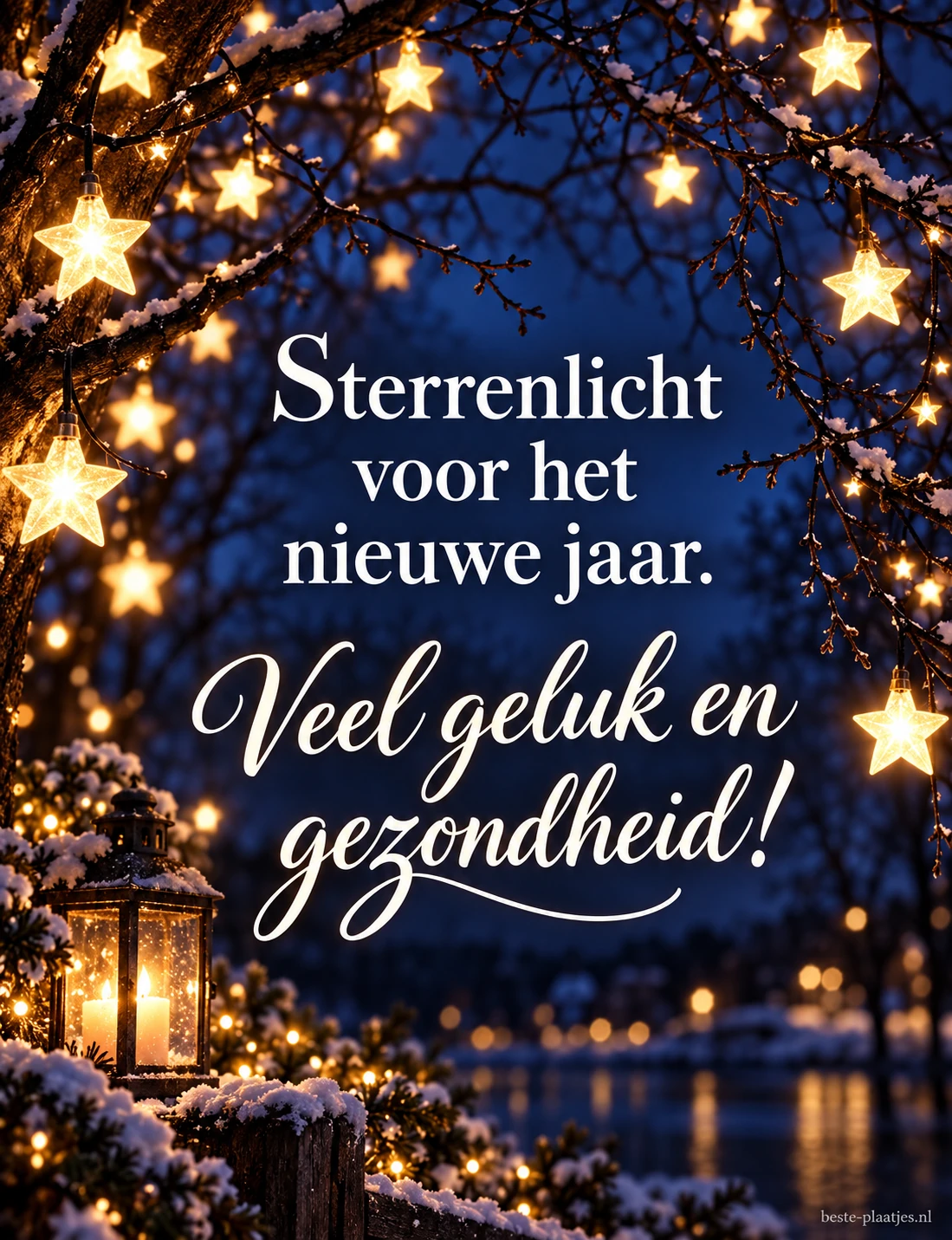 Sterrenlicht tussen wintertakken brengt een wens voor geluk en gezondheid.