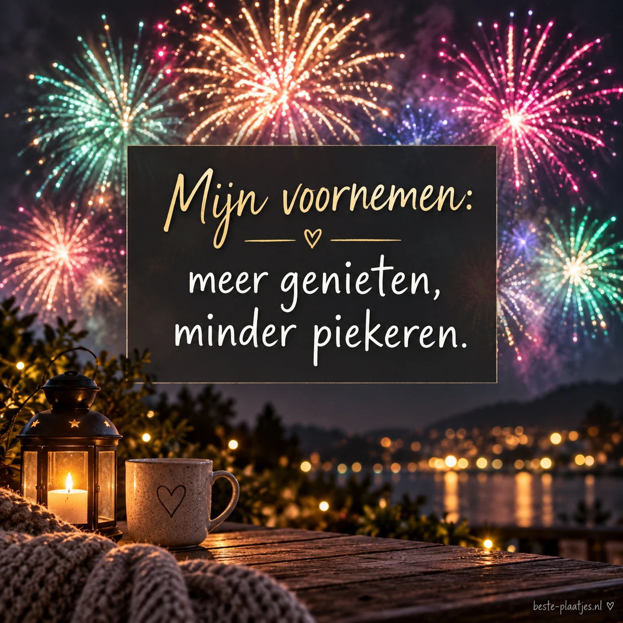 Vuurwerk achter een rustig tekstpaneel brengt een luchtige nieuwjaarswens.
