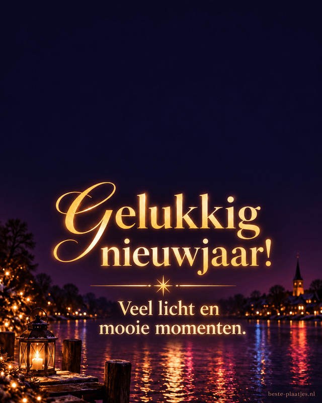 Kleurig vuurwerk boven een warme gouden boodschap wenst je een gelukkig nieuwjaar.