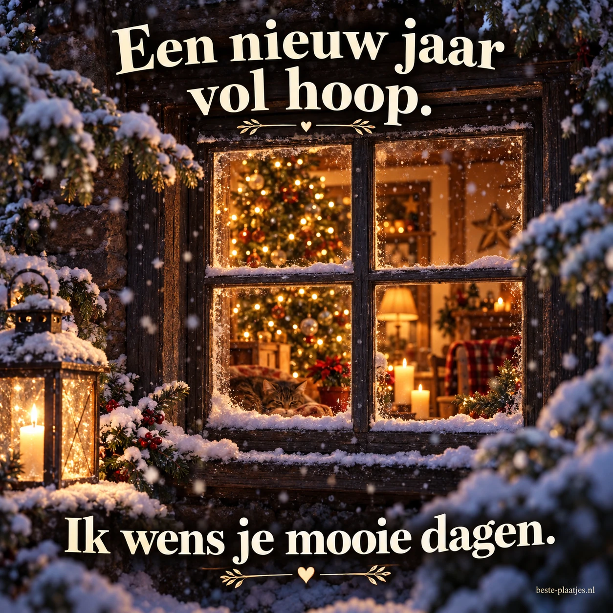 Een warm verlicht raam in de sneeuw brengt een hoopvolle nieuwjaarsgroet.