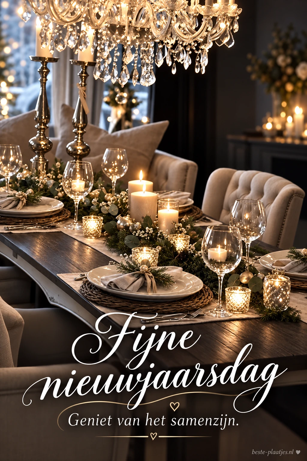 Een feestelijk gedekte tafel met kaarsen brengt een gezellige nieuwjaarsdagwens.