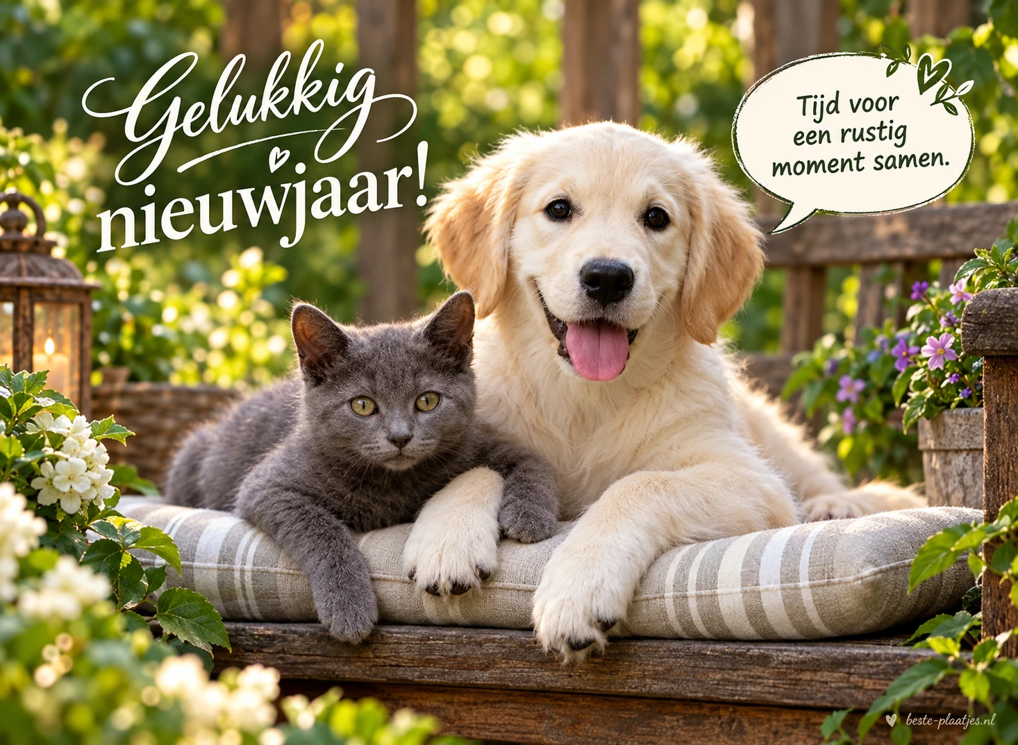Een hond en een kat op een kussen brengen een rustige nieuwjaarsgroet.