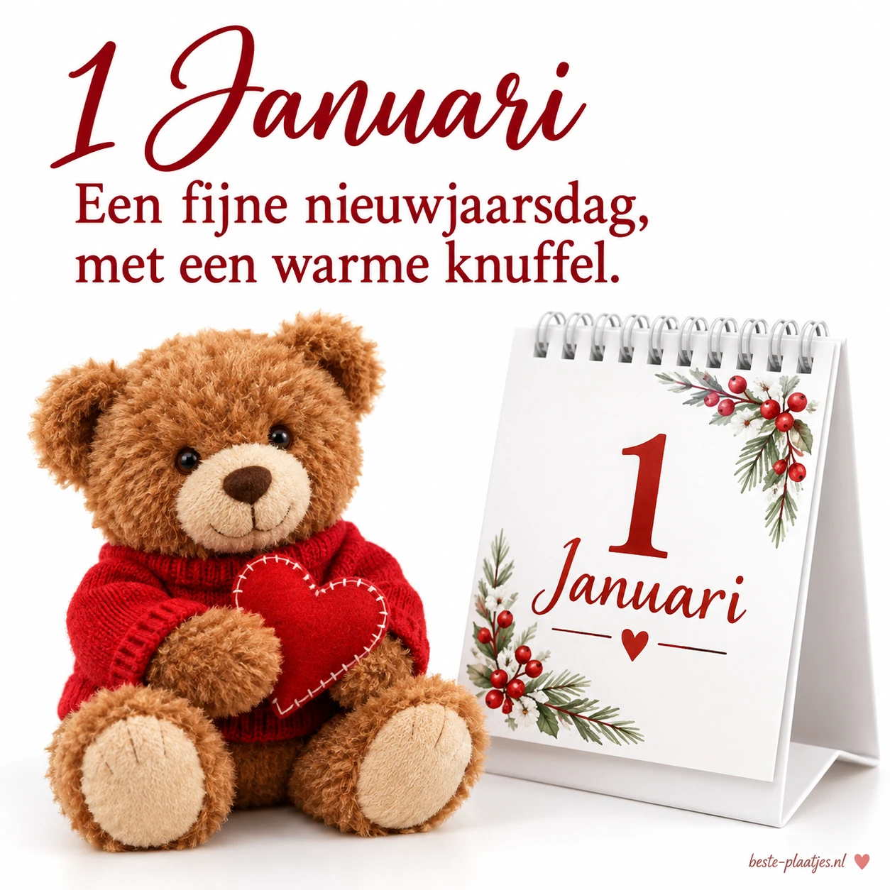 Een kalender op 1 januari met een stoffen beertje brengt een warme nieuwjaarsdagwens.