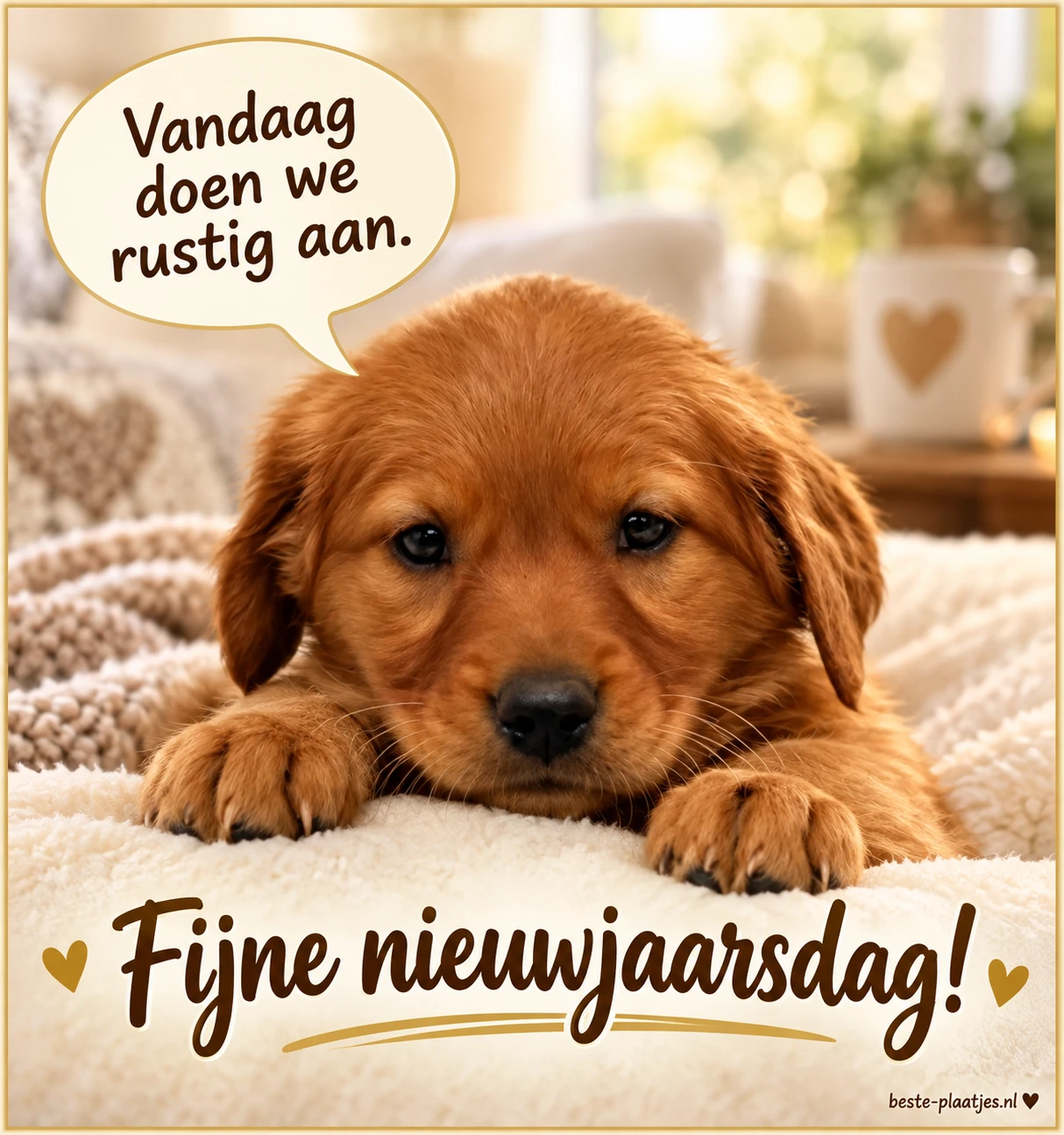 Een slaperige puppy op een zacht kussen wenst je een rustige nieuwjaarsdag.