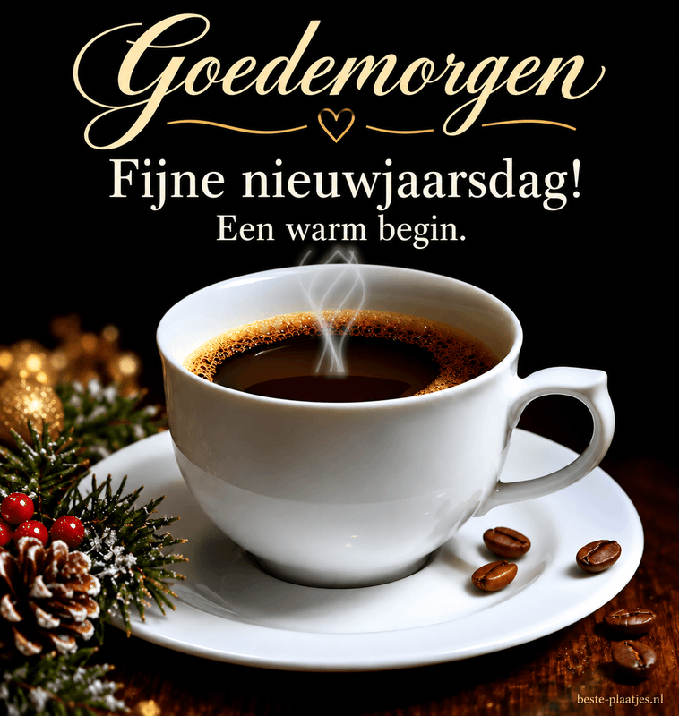 Een warme kop koffie met opstijgende stoom brengt een ochtendgroet op nieuwjaarsdag.