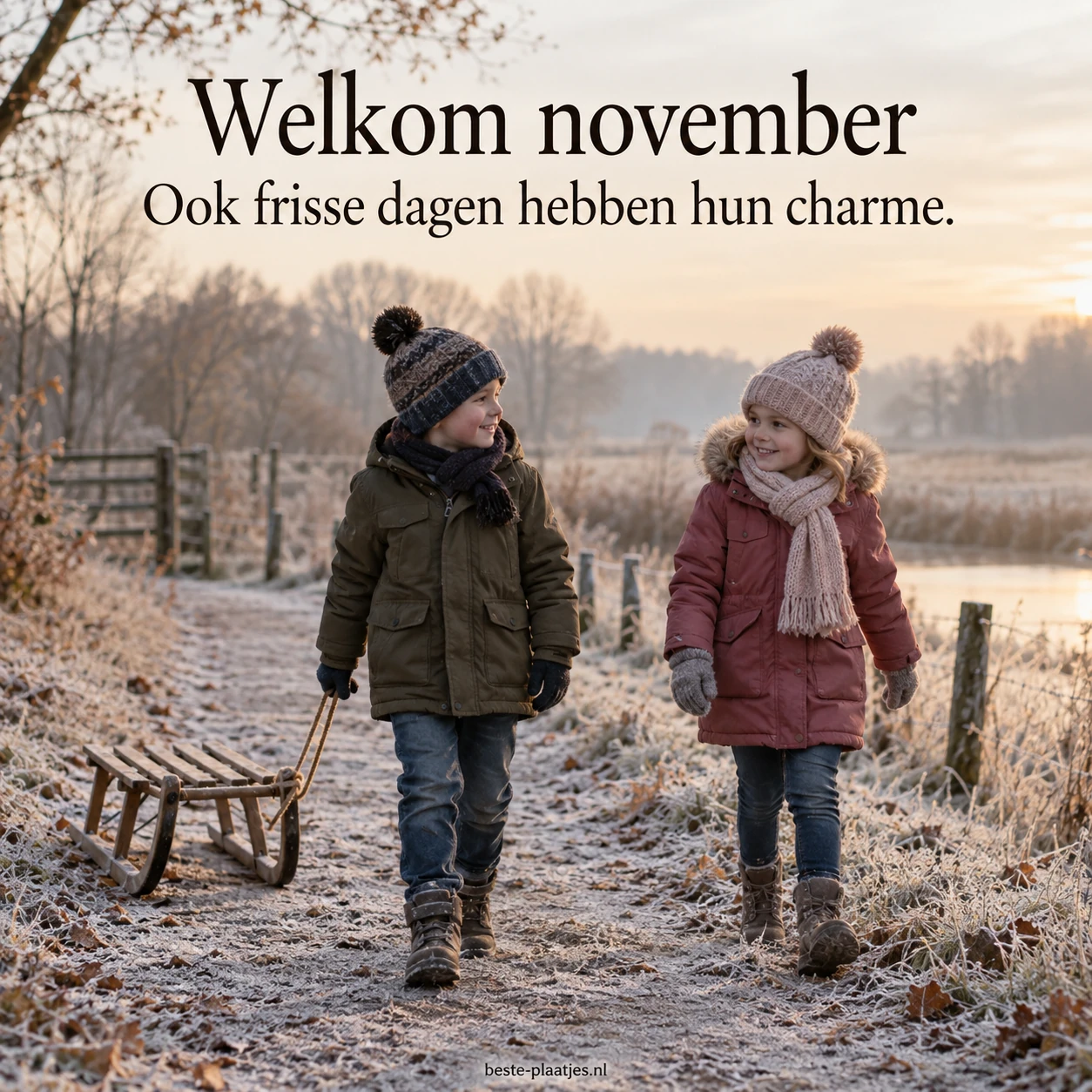 Kinderen met een houten slee op een fris pad laten de charme van de nieuwe maand zien.
