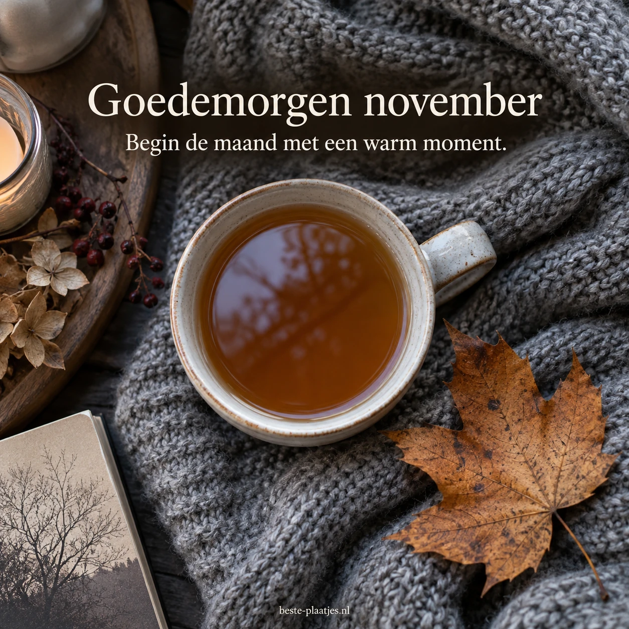 Een kop thee op een gebreide deken met een herfstblad verwelkomt november.
