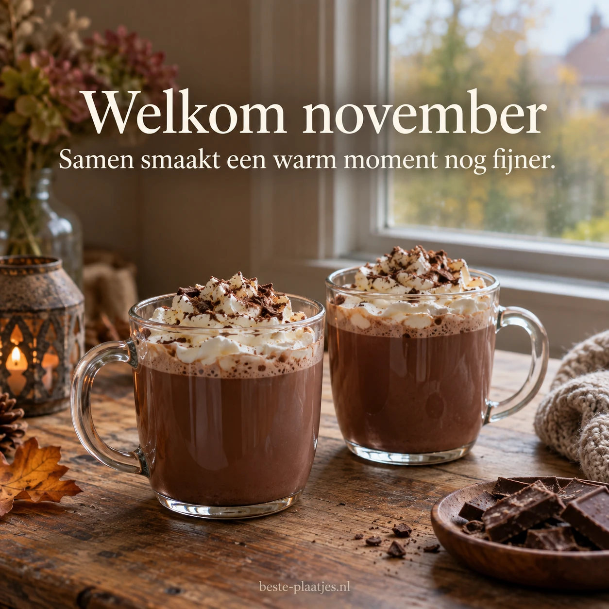 Twee mokken warme chocolademelk nodigen uit tot een gezellig moment in november.